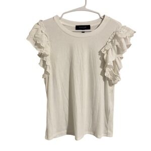 Salo la fille White Ribbed Knit Eyelet Ruffle Flutter Sleeve Top XL